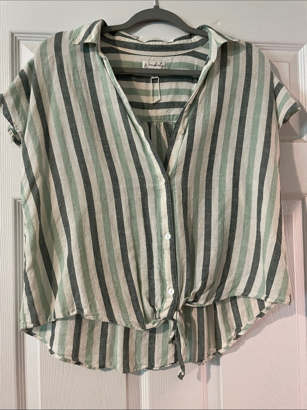Wonderly Green and White Vertical Stripe Button-Front Tie-Hem Blouse